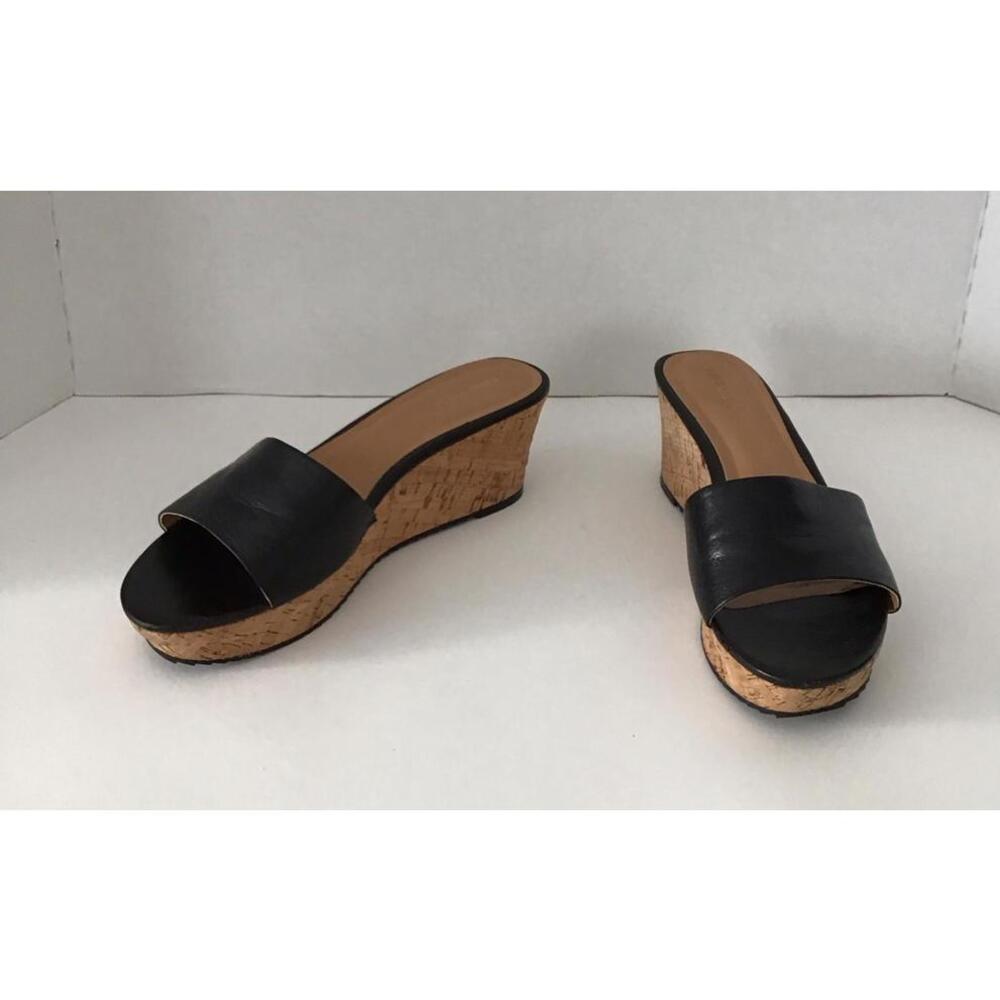 Nine West Black Leather Cork Wedge Slide on Sandal Woman’s Size 9.5 - Picture 6 of 9